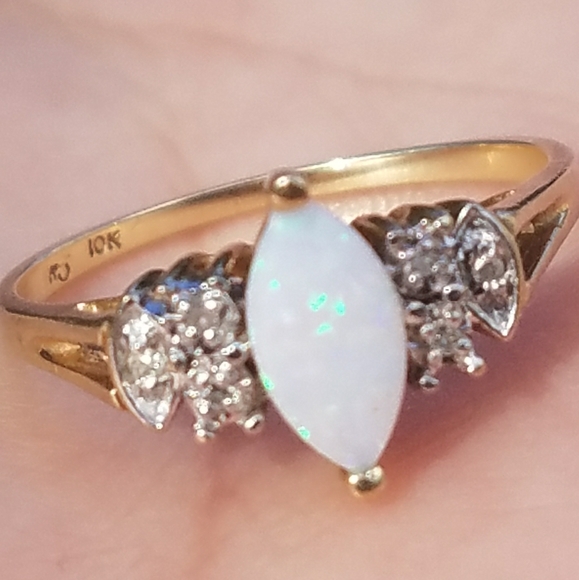 Jewelry - 10k Solid Yellow Gold Opal Marquise Diamond Ring